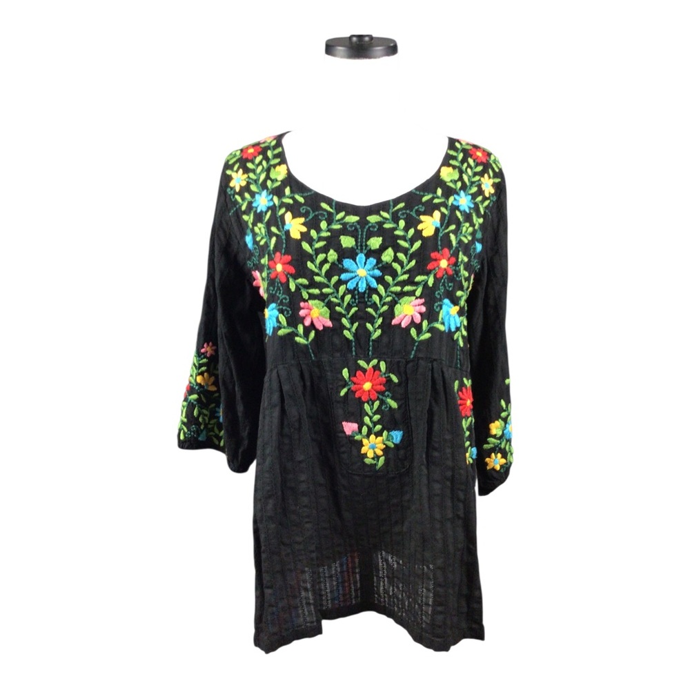 Vintage The Paragon Black Embroidered Floral Tunic Top Large 100% Cotton